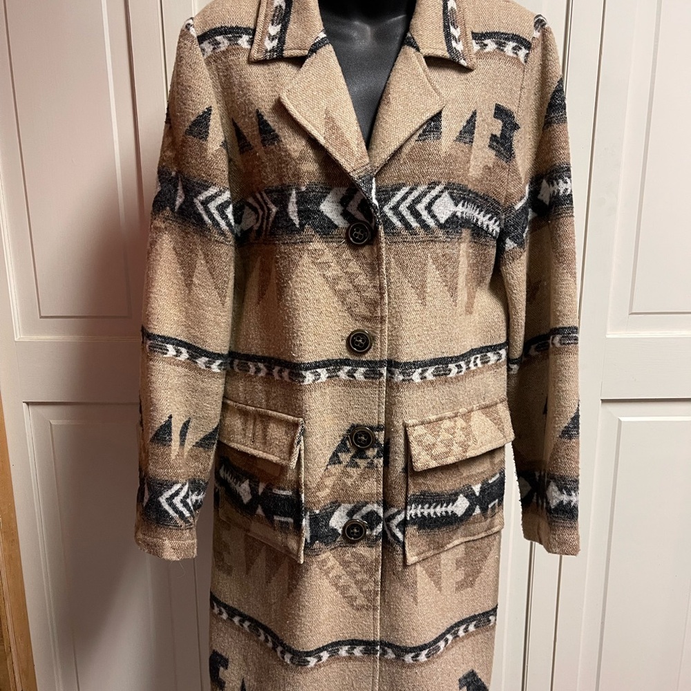 Justice Tan and Black Pea Coat with Southwestern Pattern